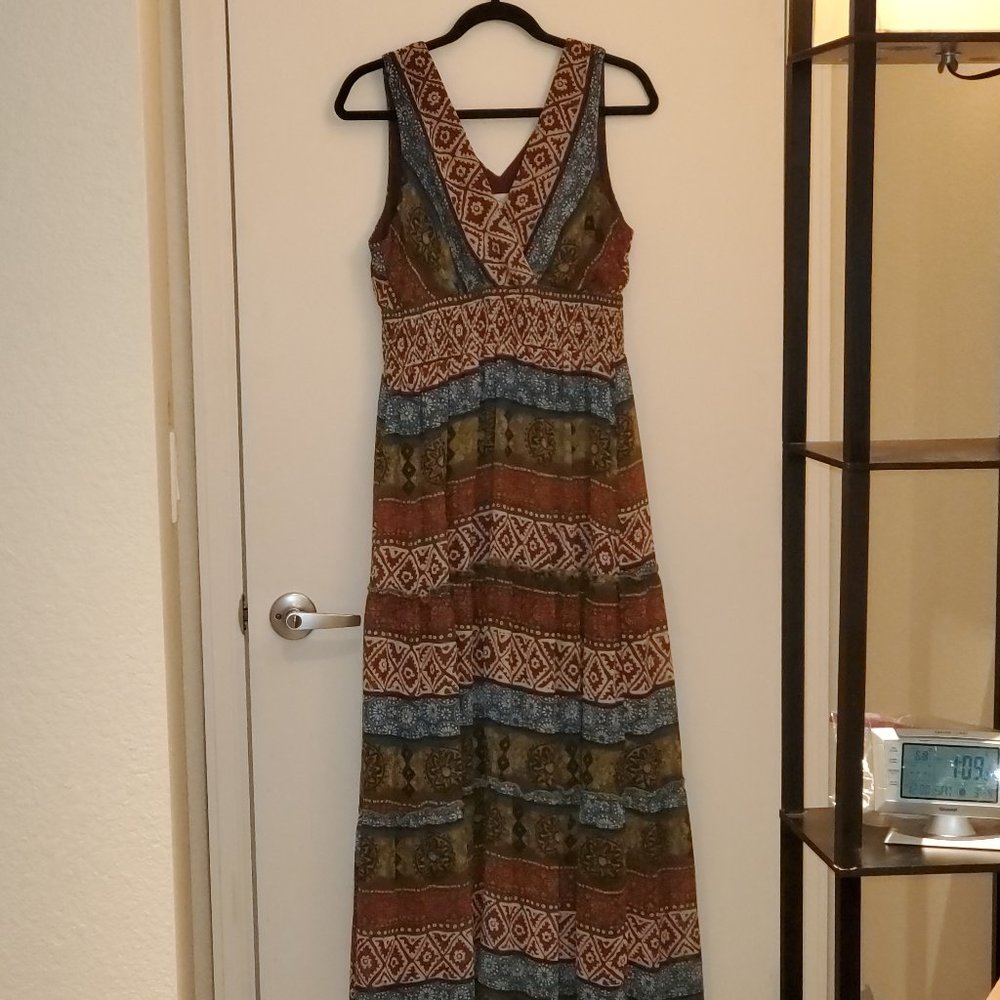 FULLY LINE SZ 12 WESTERN AZTEC BOHO CHIC CHIFFON TIERED MAXI DRESS Spring Summer